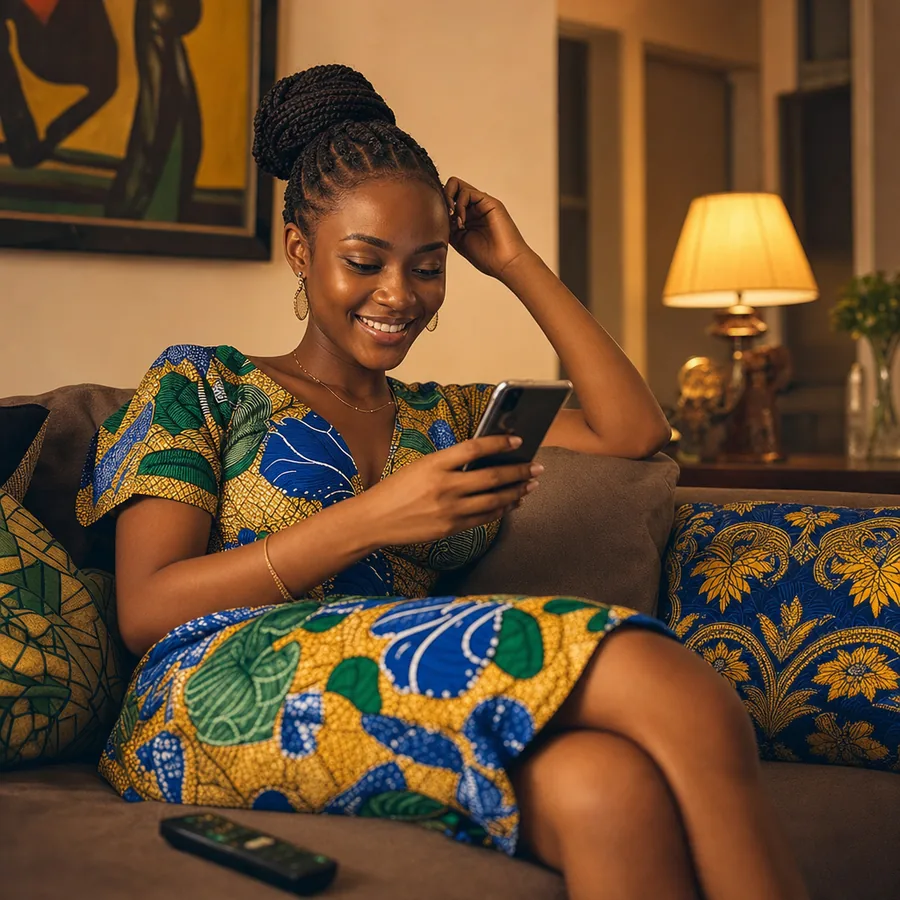 Smiling woman on her sofa chatting on her phone to order her subscription